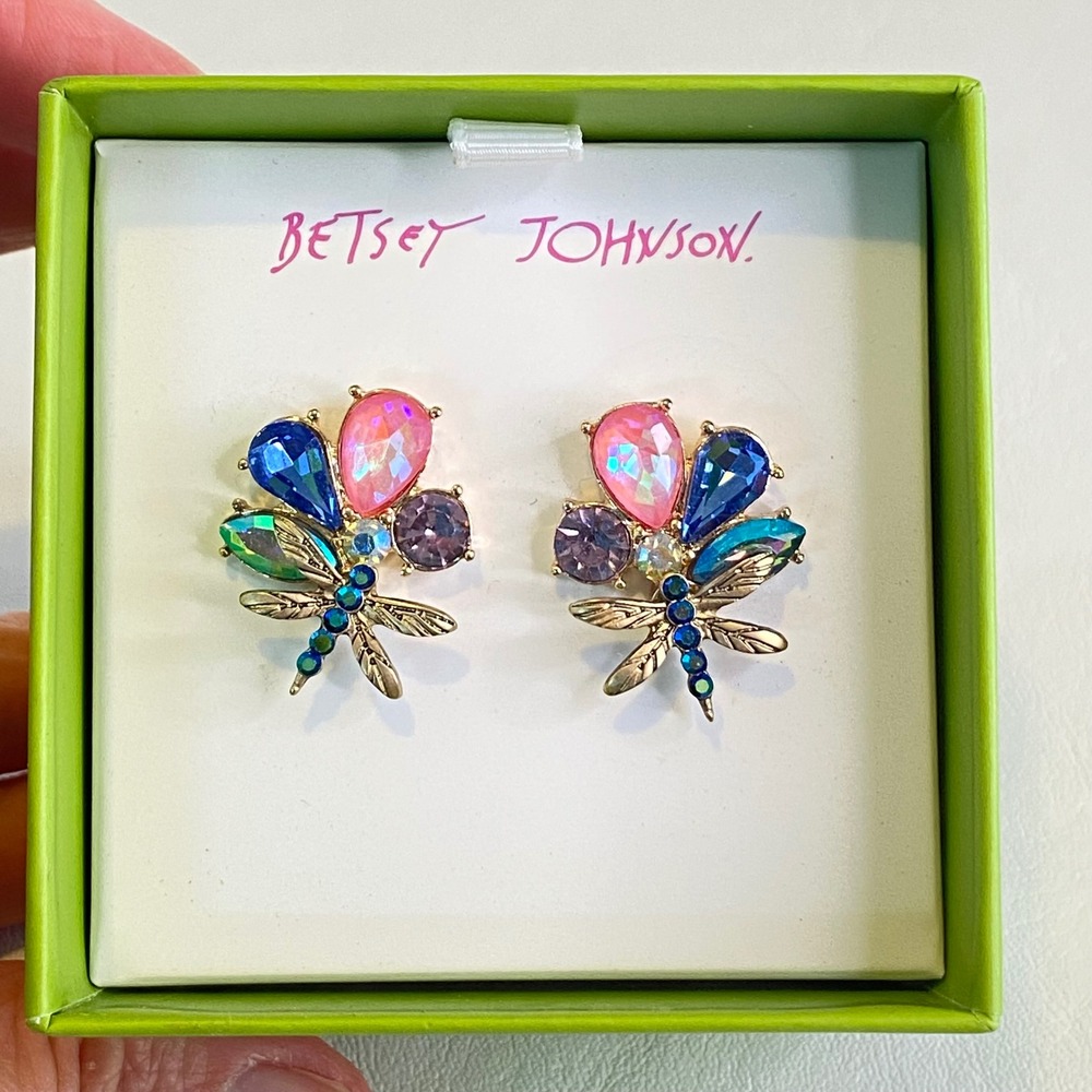 Betsey Johnson Earrings Dragonfly Crystal Stud Gold Tone Whimsical Pink Blue